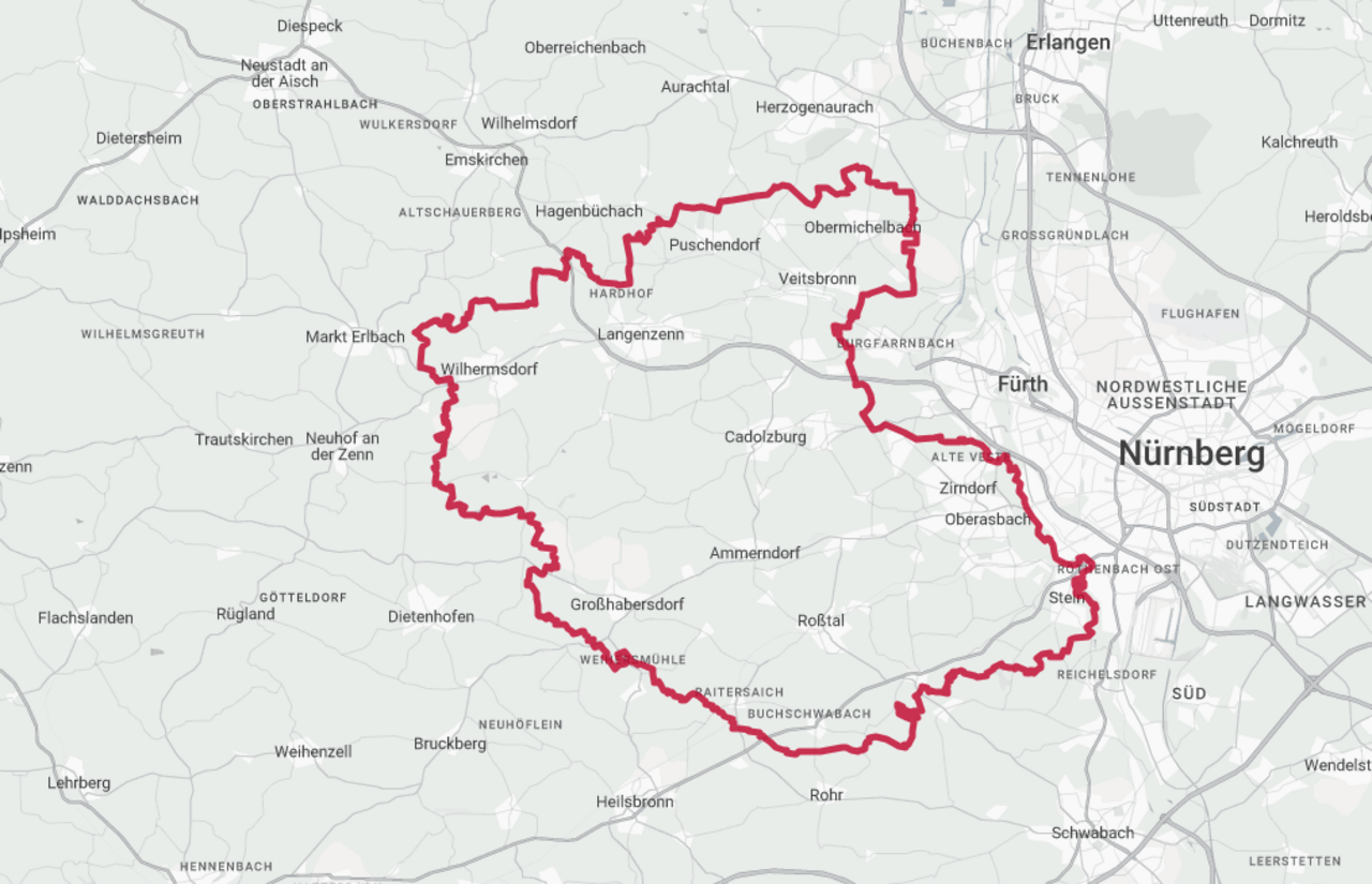 Ausschnitt aus einer geografischen Karten mit dem Grenzen des Landkreises im Mittelpunkt