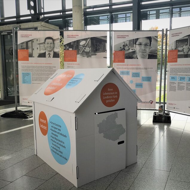 Im Foyer des Landratsamtes stehen mehrere große Informationsbanner nebeneinander, die Fotos von Menschen und Gebäuden sowie Texte zu Flächennutzung, Sanierung und Lebensqualität im Landkreis Fürth zeigen. Im Vordergrund befindet sich ein weißes Papphaus mit bunten Kreisen und Aufschriften wie „Innenort bedeutet“ und „Ihren Lebensraum im Landkreis Fürth gestalten“. Das Haus dient als symbolisches Ausstellungsobjekt, an dem Besucher eigene Gedanken anheften können.