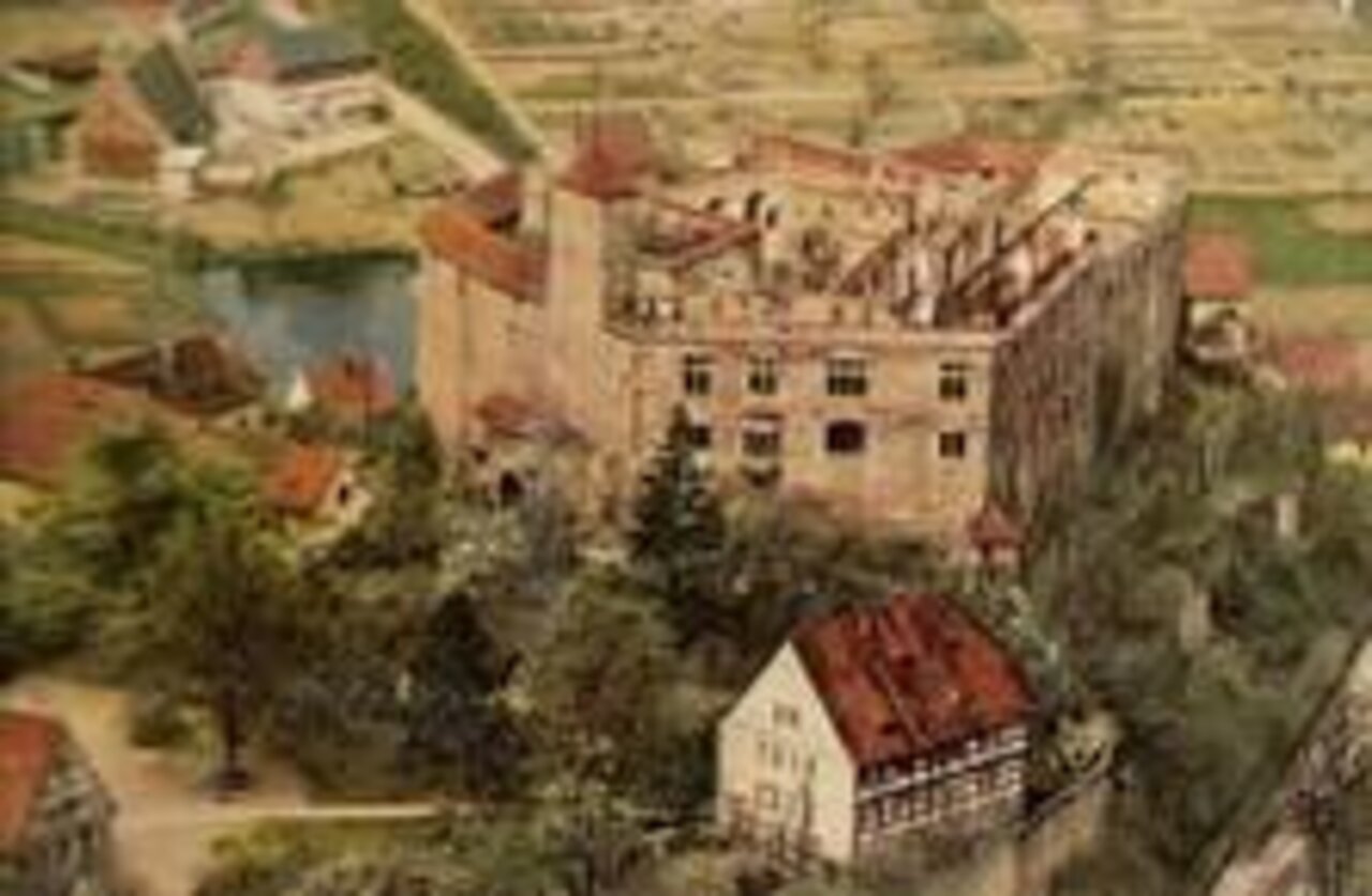 Das Bild zeigt eine alte Zeichnung der Cadolzburg.