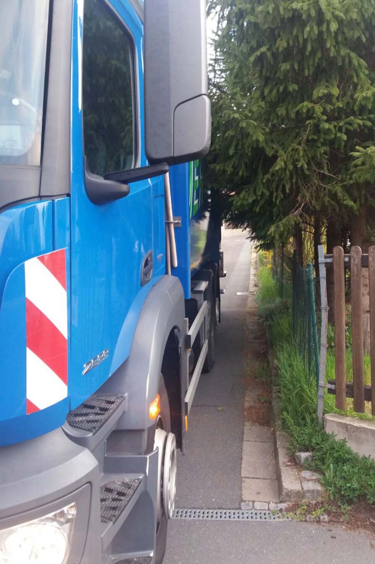 Bild der Seite eines blauen Fahrzeugs neben den Ästen einiger Bäume.