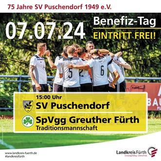 Die Grafik zeigt eine jubelnde Fußballmannschaft. Auf dem Bild sind die Daten des Benefiztages zu lesen.