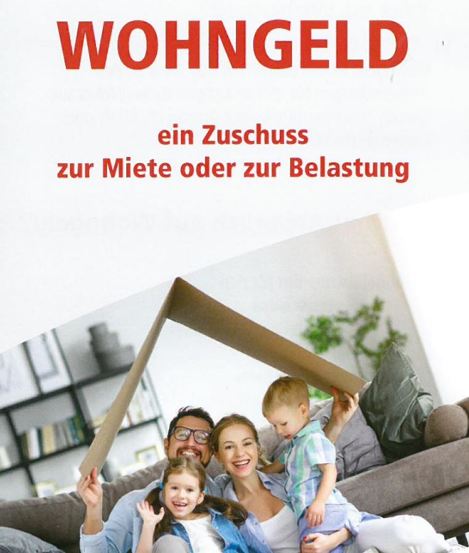 Vorderseite des Flyers. Eine vierköpfige Familie lacht zusammen.
