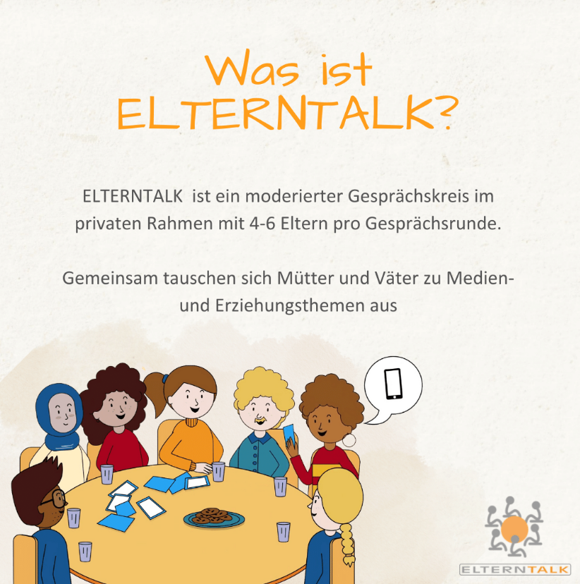Es handelt sich um eine Grafik, die erklärt, was Elterntalk ist: Ein moderierter Gesprächskreis im privaten Rahmen mit 4-6 Eltern pro Gesprächsrunde. Gemeinsam tauschen sich Mütter und Väter zu Medien- und Erziehungsthemen aus. 